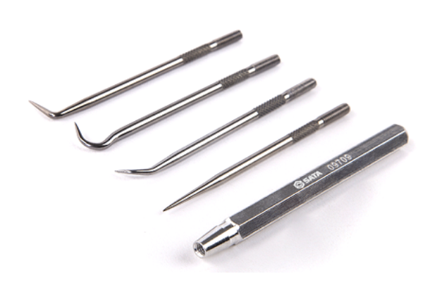 Effortlessly remove O-rings, seals, and cotter pins with the SATA 09709 5-piece hook & pick set. Features heat-treated durability and a handy magnetic grip.
