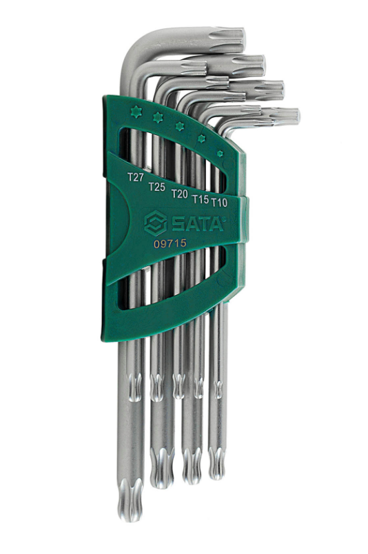 Master tight spaces with the SATA 09715 9-piece long arm ball point Torx® key set. Durable S2 steel, rust-resistant finish, and versatile tilting operation.