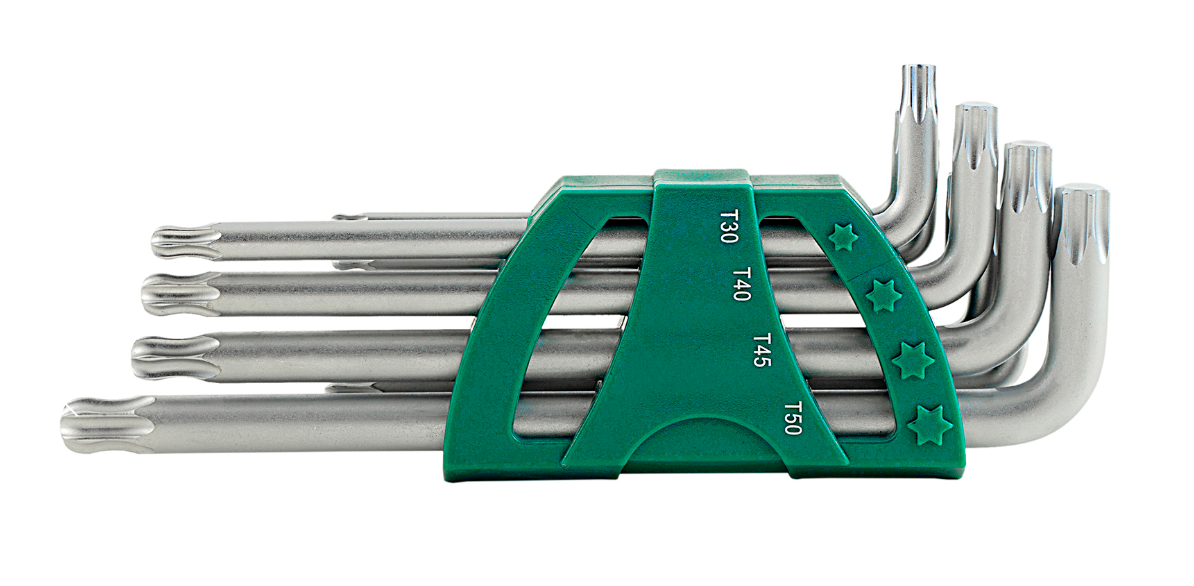 Master tight spaces with the SATA 09715 9-piece long arm ball point Torx® key set. Durable S2 steel, rust-resistant finish, and versatile tilting operation.