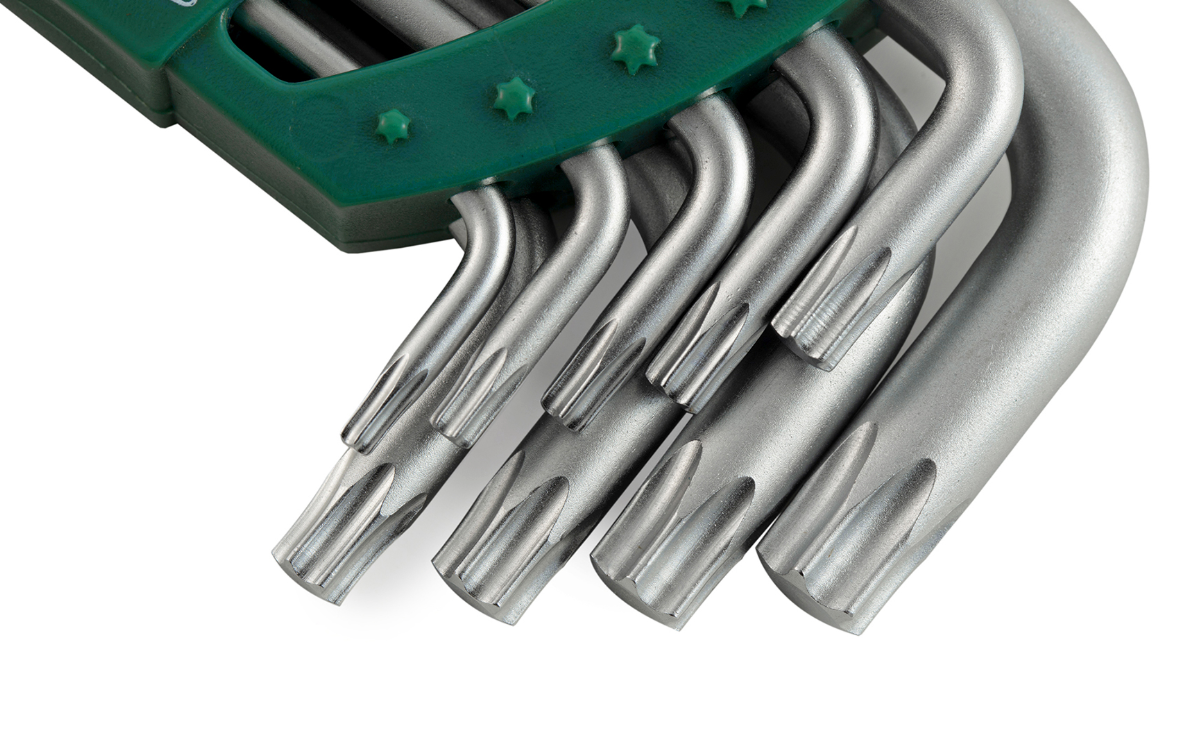 Master tight spaces with the SATA 09715 9-piece long arm ball point Torx® key set. Durable S2 steel, rust-resistant finish, and versatile tilting operation.