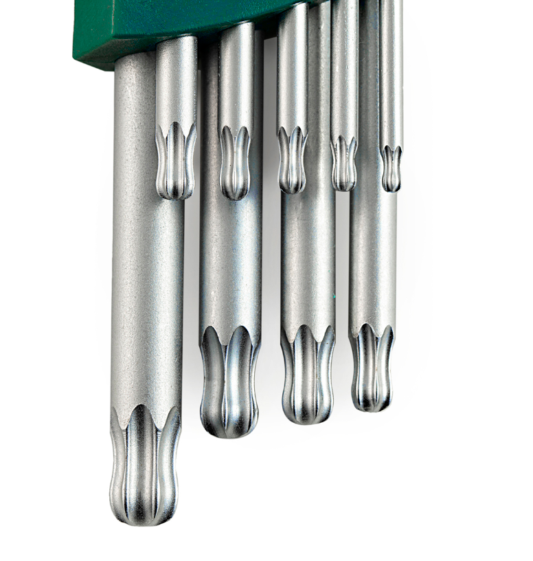 Master tight spaces with the SATA 09715 9-piece long arm ball point Torx® key set. Durable S2 steel, rust-resistant finish, and versatile tilting operation.