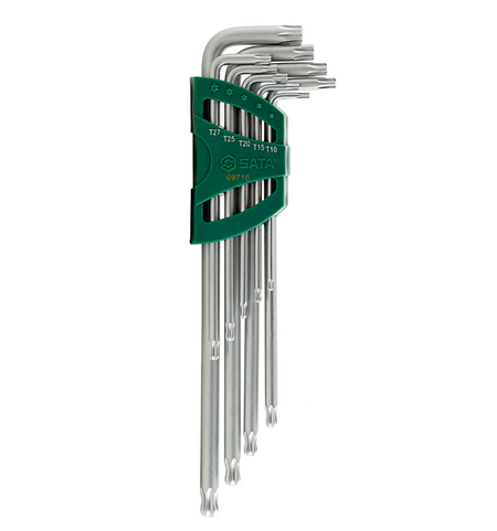 Reach deep with the SATA 09716 9-piece extra long arm ball point Torx® key set. Durable S2 steel, rust-resistant finish, and flexible tilting operation.