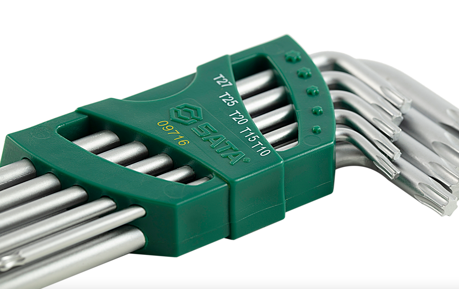 Reach deep with the SATA 09716 9-piece extra long arm ball point Torx® key set. Durable S2 steel, rust-resistant finish, and flexible tilting operation.