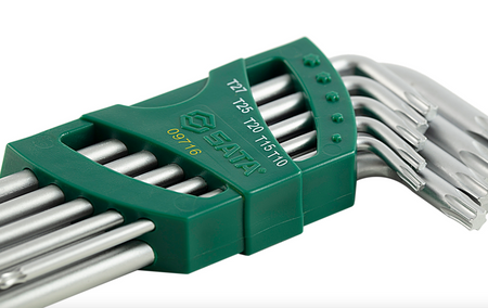 Reach deep with the SATA 09716 9-piece extra long arm ball point Torx® key set. Durable S2 steel, rust-resistant finish, and flexible tilting operation.