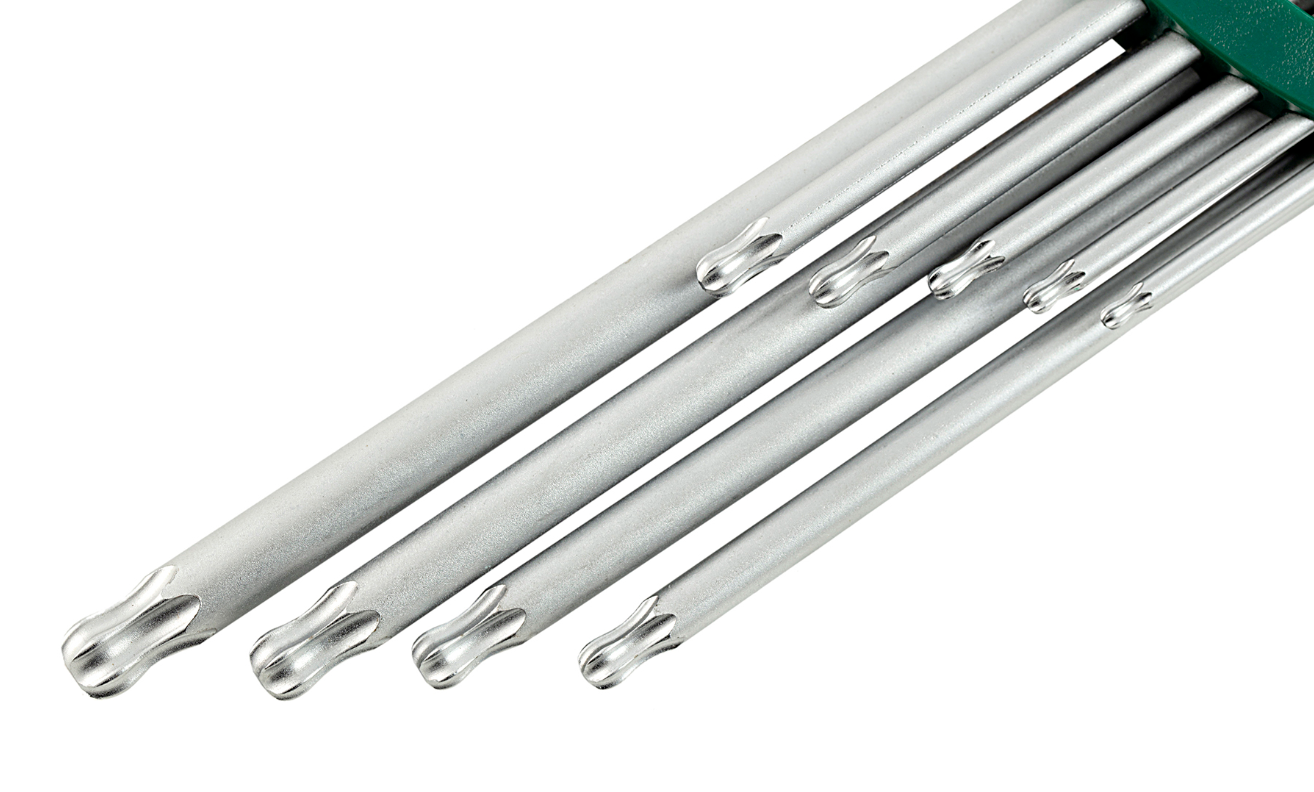 Reach deep with the SATA 09716 9-piece extra long arm ball point Torx® key set. Durable S2 steel, rust-resistant finish, and flexible tilting operation.