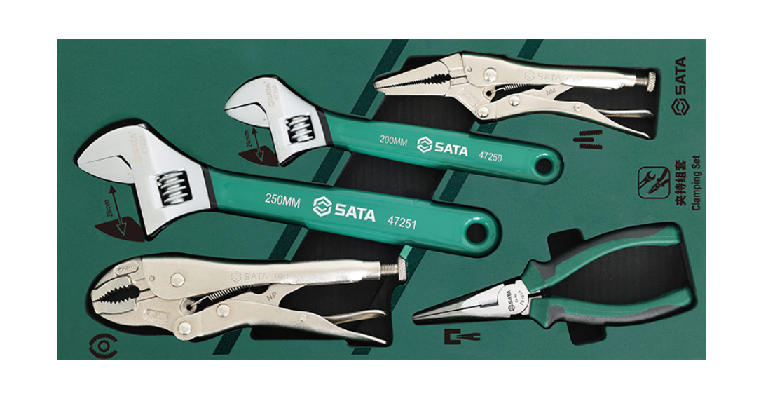 The SATA 09909A 5-piece clamping set includes essential wrenches and locking pliers. Durable tools perfect for professional automotive and mechanical repairs.