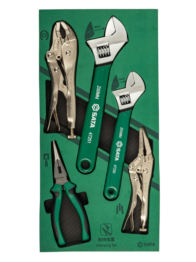 The SATA 09909A 5-piece clamping set includes essential wrenches and locking pliers. Durable tools perfect for professional automotive and mechanical repairs.
