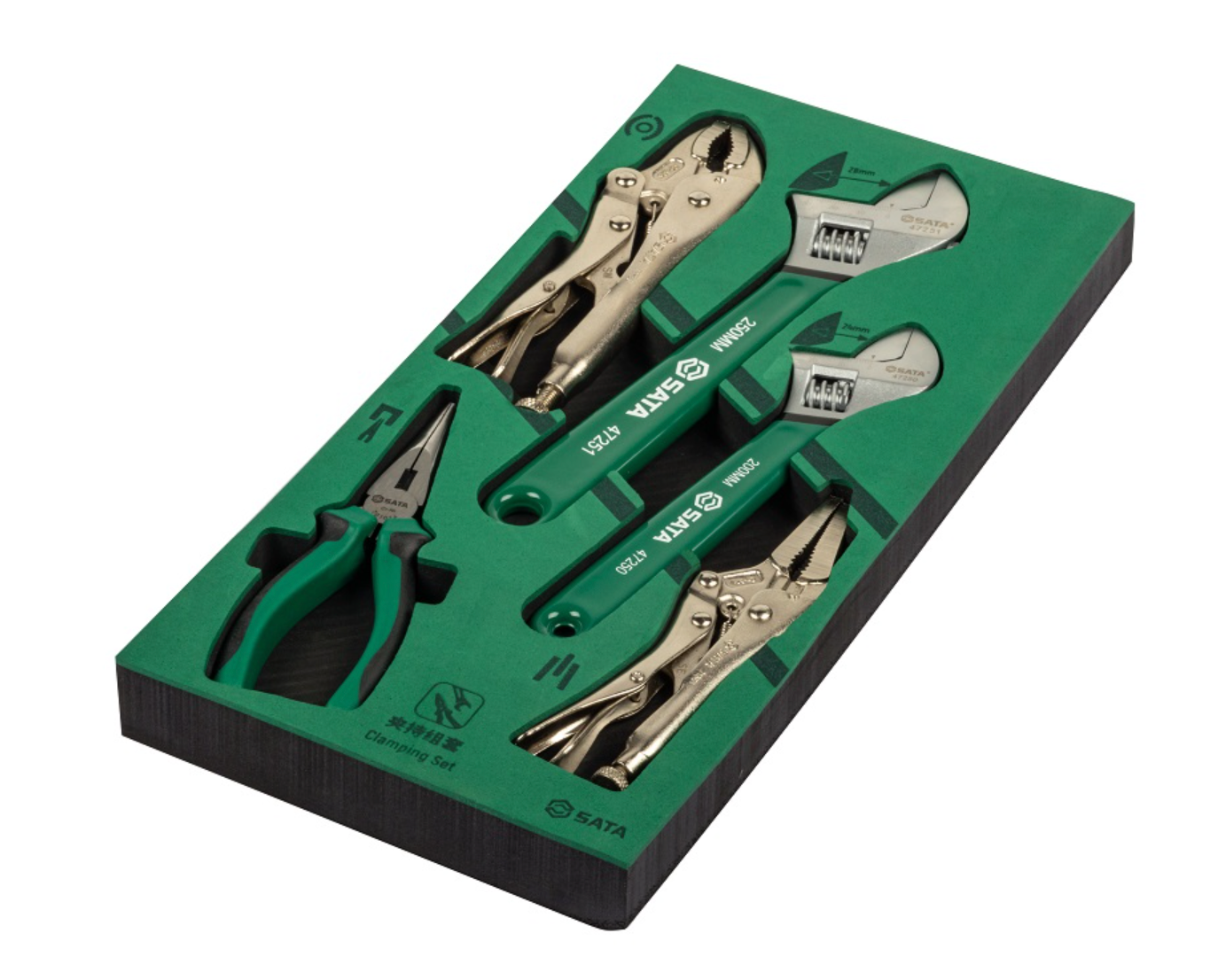 The SATA 09909A 5-piece clamping set includes essential wrenches and locking pliers. Durable tools perfect for professional automotive and mechanical repairs.