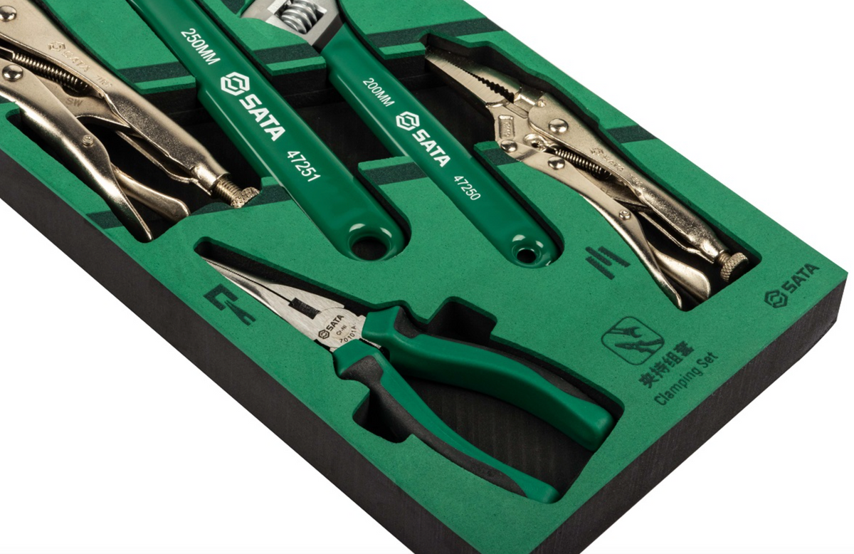The SATA 09909A 5-piece clamping set includes essential wrenches and locking pliers. Durable tools perfect for professional automotive and mechanical repairs.