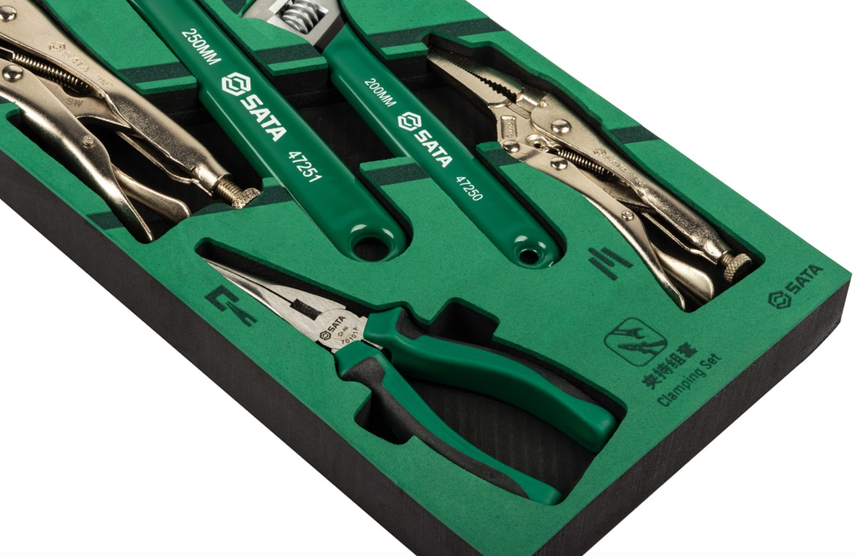 The SATA 09909A 5-piece clamping set includes essential wrenches and locking pliers. Durable tools perfect for professional automotive and mechanical repairs.