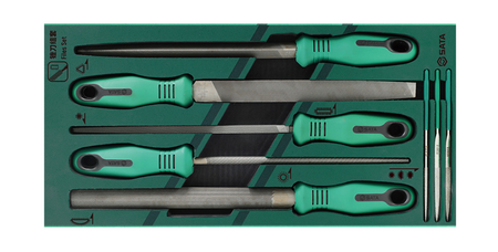 Complete your workshop with the SATA 09910A 8-piece file set. Includes various 8" files and needle files for precision shaping. Perfect for professional use.