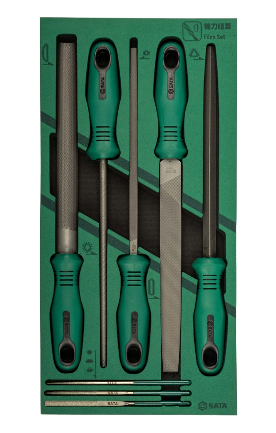 Complete your workshop with the SATA 09910A 8-piece file set. Includes various 8" files and needle files for precision shaping. Perfect for professional use.