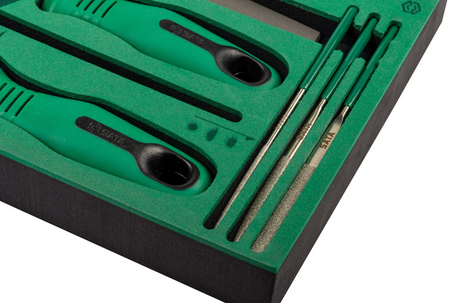 Complete your workshop with the SATA 09910A 8-piece file set. Includes various 8" files and needle files for precision shaping. Perfect for professional use.