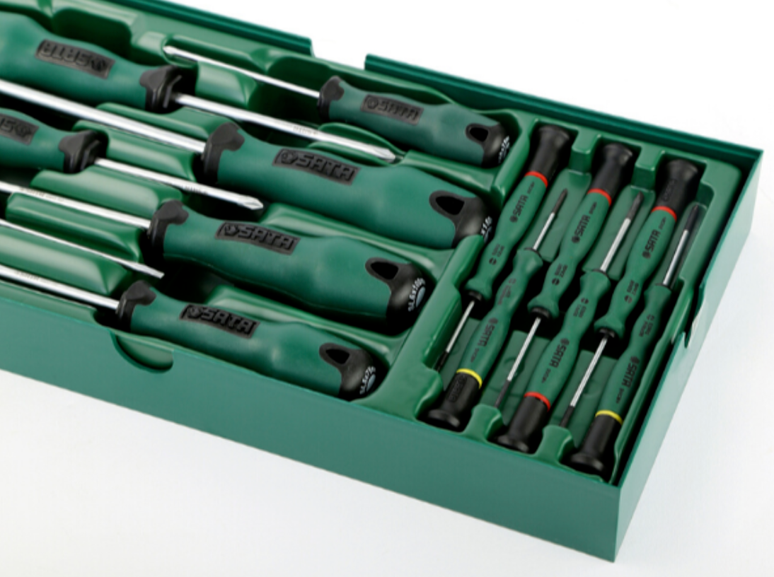 Organize your workspace with the SATA 09913 13-piece screwdriver tray set. Includes precision and rubber-handle drivers for all your repair needs. Shop now.