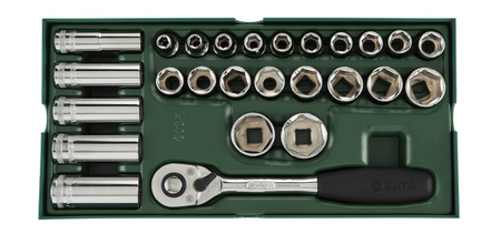 Organize your workshop with the SATA 09915 26-piece 1/2" drive socket set. Includes quick-release ratchet and fits SATA 95107 tool cart drawers perfectly.
