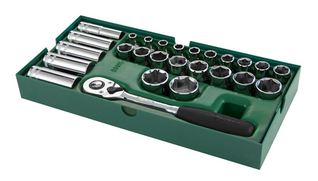 Organize your workshop with the SATA 09915 26-piece 1/2" drive socket set. Includes quick-release ratchet and fits SATA 95107 tool cart drawers perfectly.