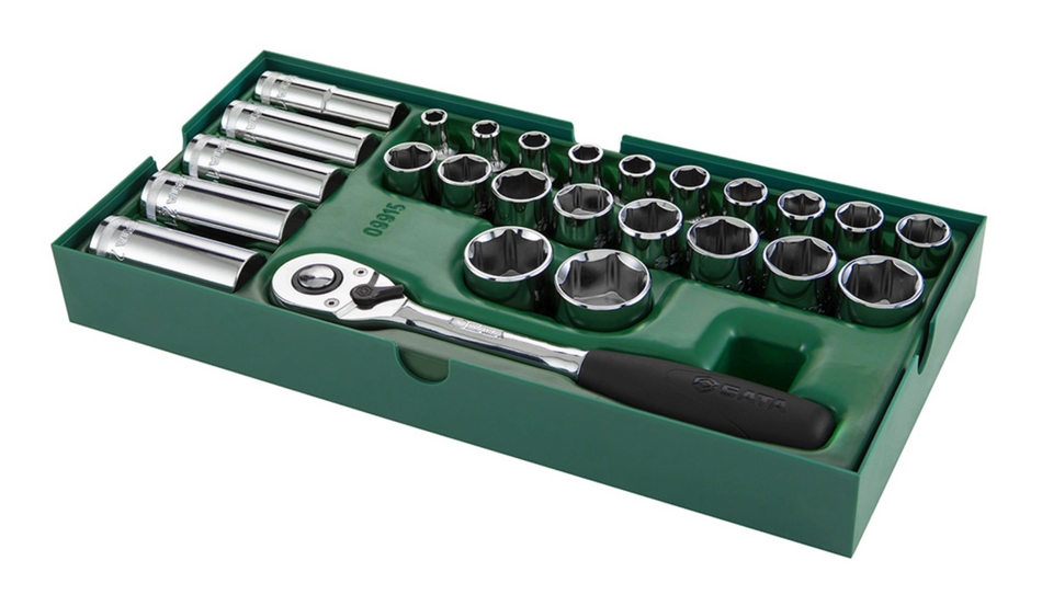 Organize your workshop with the SATA 09915 26-piece 1/2" drive socket set. Includes quick-release ratchet and fits SATA 95107 tool cart drawers perfectly.