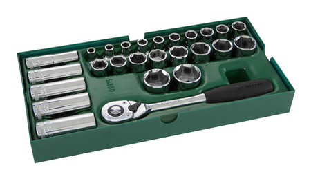 Organize your workshop with the SATA 09915 26-piece 1/2" drive socket set. Includes quick-release ratchet and fits SATA 95107 tool cart drawers perfectly.