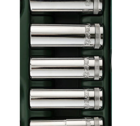 Organize your workshop with the SATA 09915 26-piece 1/2" drive socket set. Includes quick-release ratchet and fits SATA 95107 tool cart drawers perfectly.