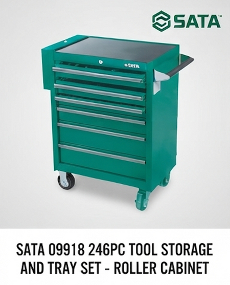 Upgrade your workshop with the SATA 09918 246-piece tool storage and tray set. Includes a 7-drawer roller cabinet and comprehensive tool collection. Shop now.
