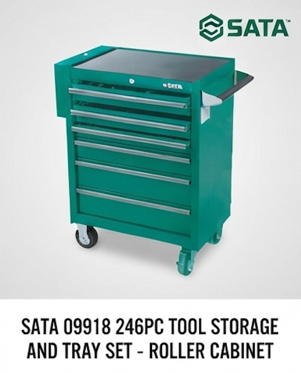 Upgrade your workshop with the SATA 09918 246-piece tool storage and tray set. Includes a 7-drawer roller cabinet and comprehensive tool collection. Shop now.