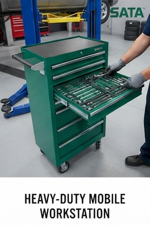 Upgrade your workshop with the SATA 09918 246-piece tool storage and tray set. Includes a 7-drawer roller cabinet and comprehensive tool collection. Shop now.