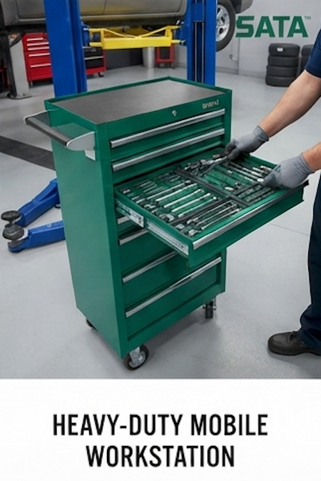 Upgrade your workshop with the SATA 09918 246-piece tool storage and tray set. Includes a 7-drawer roller cabinet and comprehensive tool collection. Shop now.