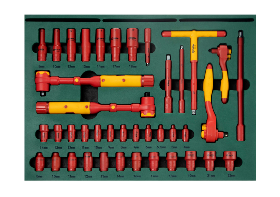 Protect against electrical hazards with the SATA 09937 166-piece VDE insulated automotive tool set. Professional tools designed for EV and electrical repair.
