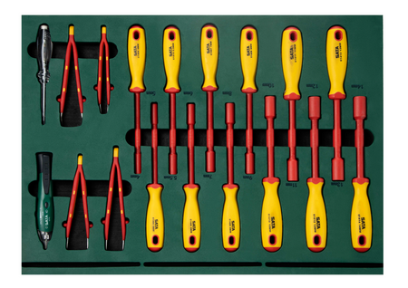 Protect against electrical hazards with the SATA 09937 166-piece VDE insulated automotive tool set. Professional tools designed for EV and electrical repair.