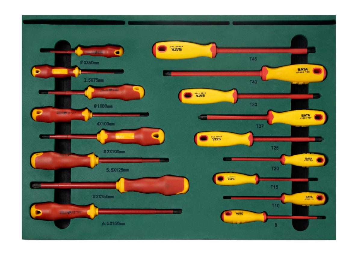 Protect against electrical hazards with the SATA 09937 166-piece VDE insulated automotive tool set. Professional tools designed for EV and electrical repair.