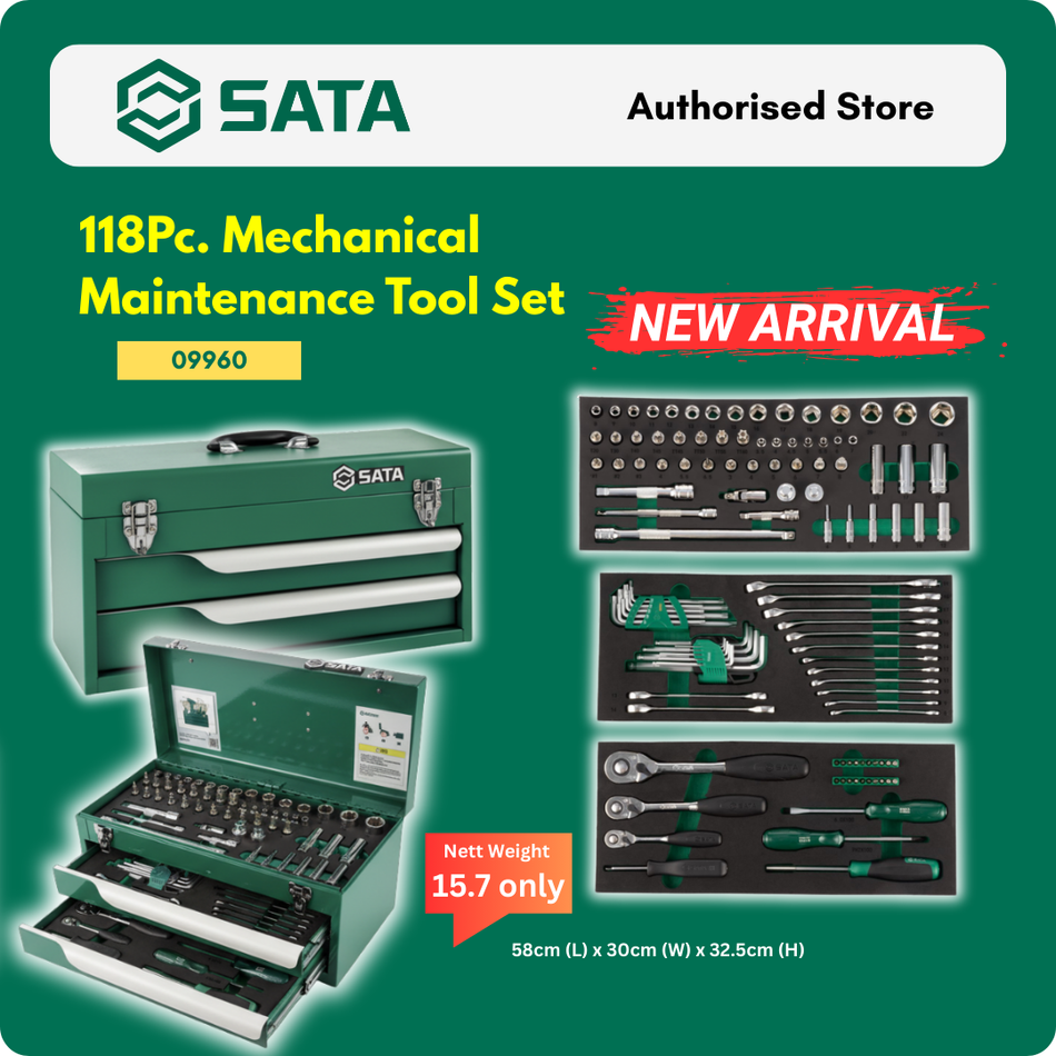 Shop the SATA 09960 118pc tool set. Includes 2-drawer metal box, laser-carved EVA trays, and a comprehensive range of sockets, wrenches, and ratchets for 5S management.