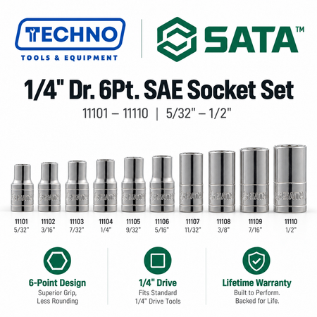 Shop SATA 1/4" Dr. 6-Point SAE Sockets, 5/32" to 1/2": precision hex sockets for hand-ratchet use. Durable steel construction, lifetime warranty.