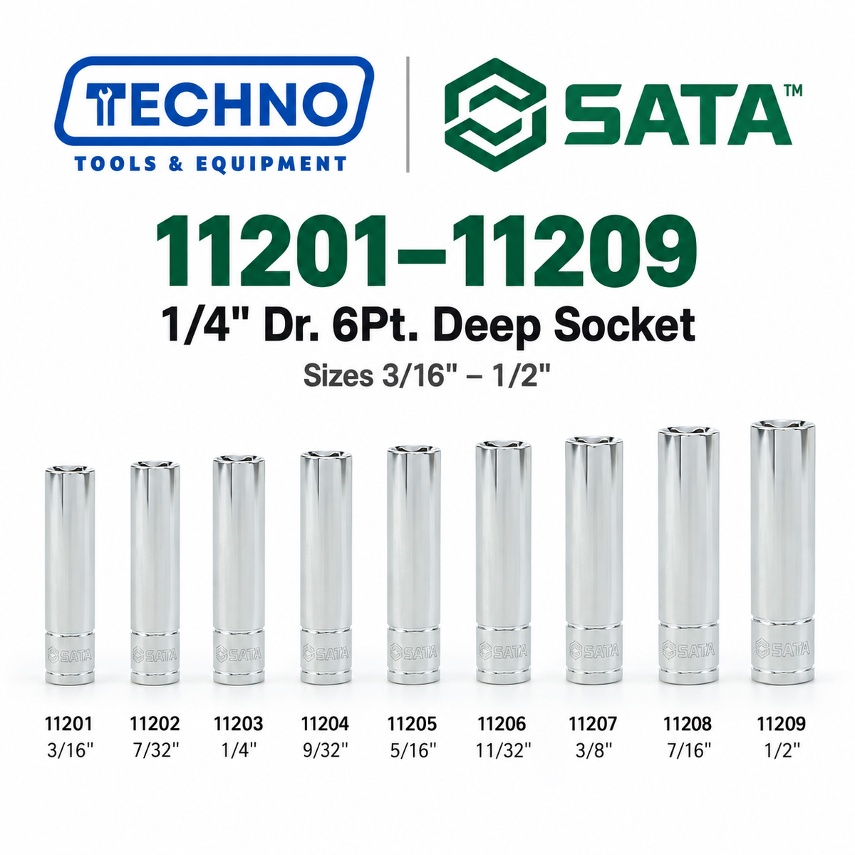 Shop SATA 1/4" Dr. 6-Point Deep Sockets, 3/16" to 1/2": extended reach for recessed fasteners. Durable steel, lifetime warranty, hand-tool use only.