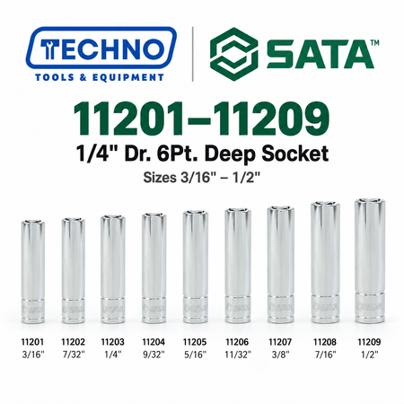 Shop SATA 1/4" Dr. 6-Point Deep Sockets, 3/16" to 1/2": extended reach for recessed fasteners. Durable steel, lifetime warranty, hand-tool use only.