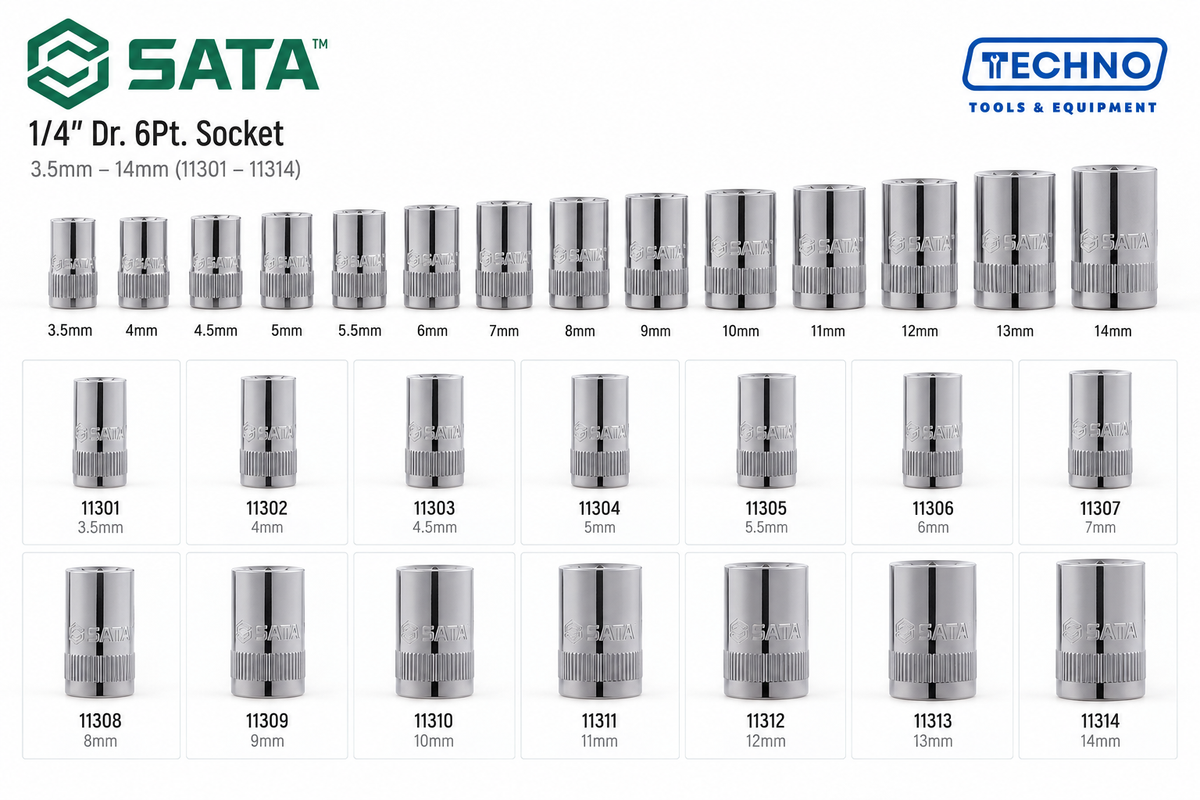 Shop SATA 1/4" Dr. 6-Point Metric Sockets, 3.5mm to 14mm: precision hex sockets for hand-ratchet use. Durable steel, lifetime warranty.