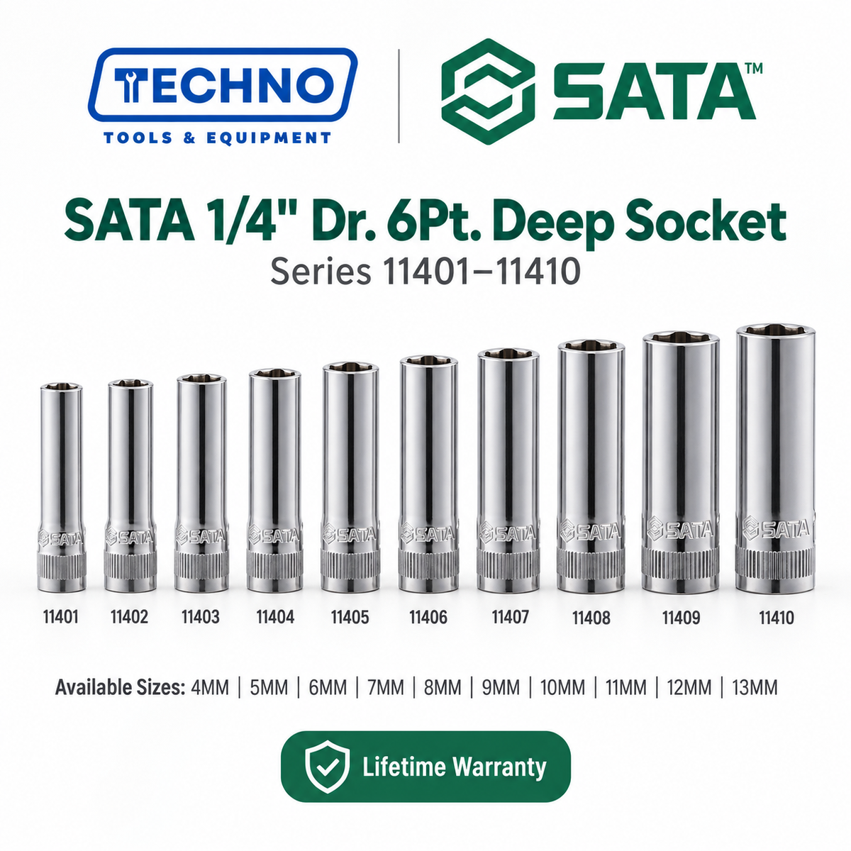 Shop SATA 1/4" Dr. 6-point deep sockets, sizes 4-13mm. Durable chrome vanadium steel, hand-tool use only, lifetime warranty. Order online today.