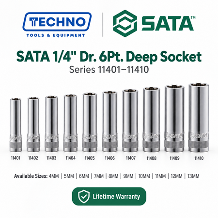 Shop SATA 1/4" Dr. 6-point deep sockets, sizes 4-13mm. Durable chrome vanadium steel, hand-tool use only, lifetime warranty. Order online today.