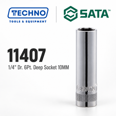 Shop SATA 1/4" Dr. 6-point deep sockets, sizes 4-13mm. Durable chrome vanadium steel, hand-tool use only, lifetime warranty. Order online today.