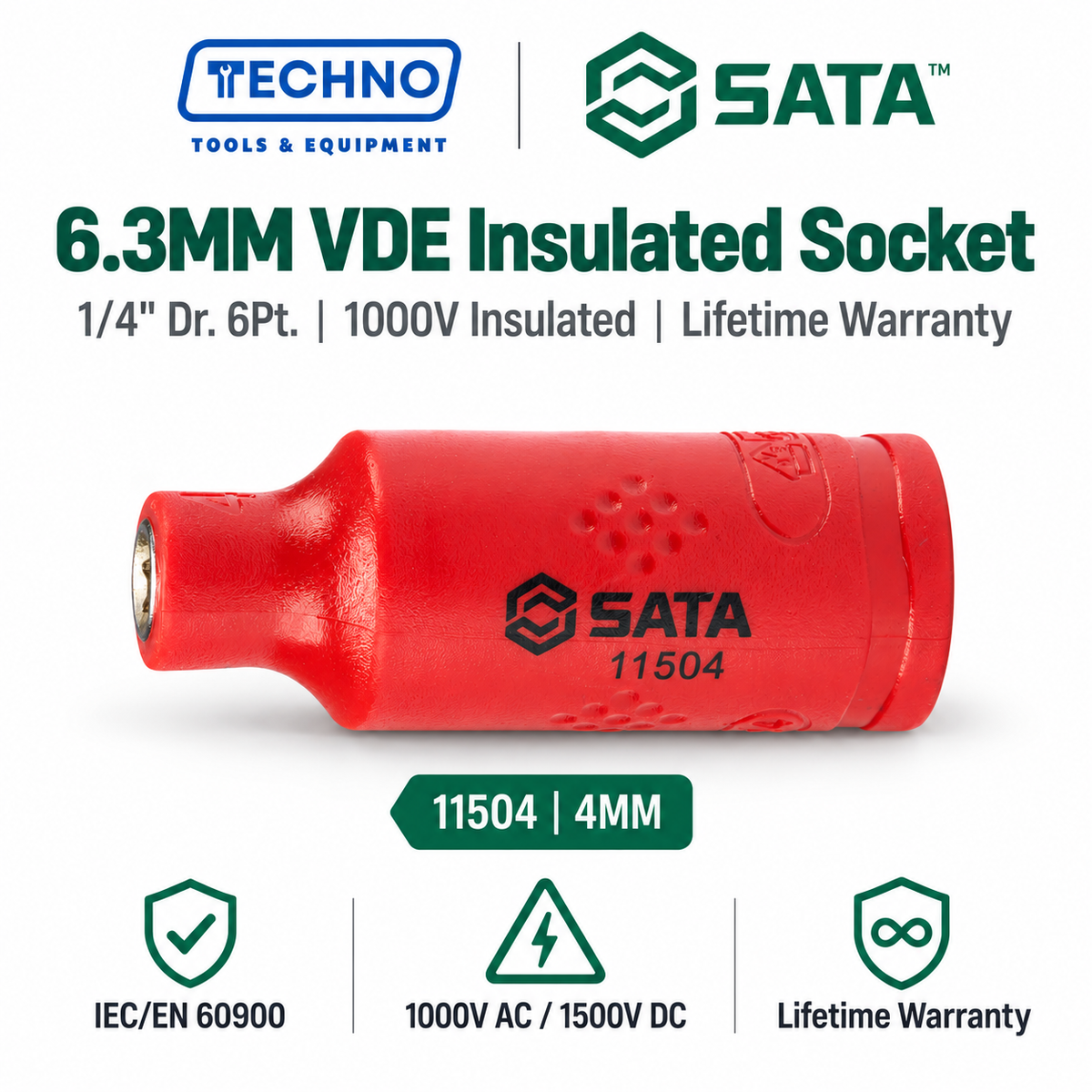 SATA 1/4" Dr. 6-point VDE insulated sockets, certified to 10,000V and IEC/EN 60900. Cr-V steel, chrome-plated. Sizes 4mm and 12mm available.