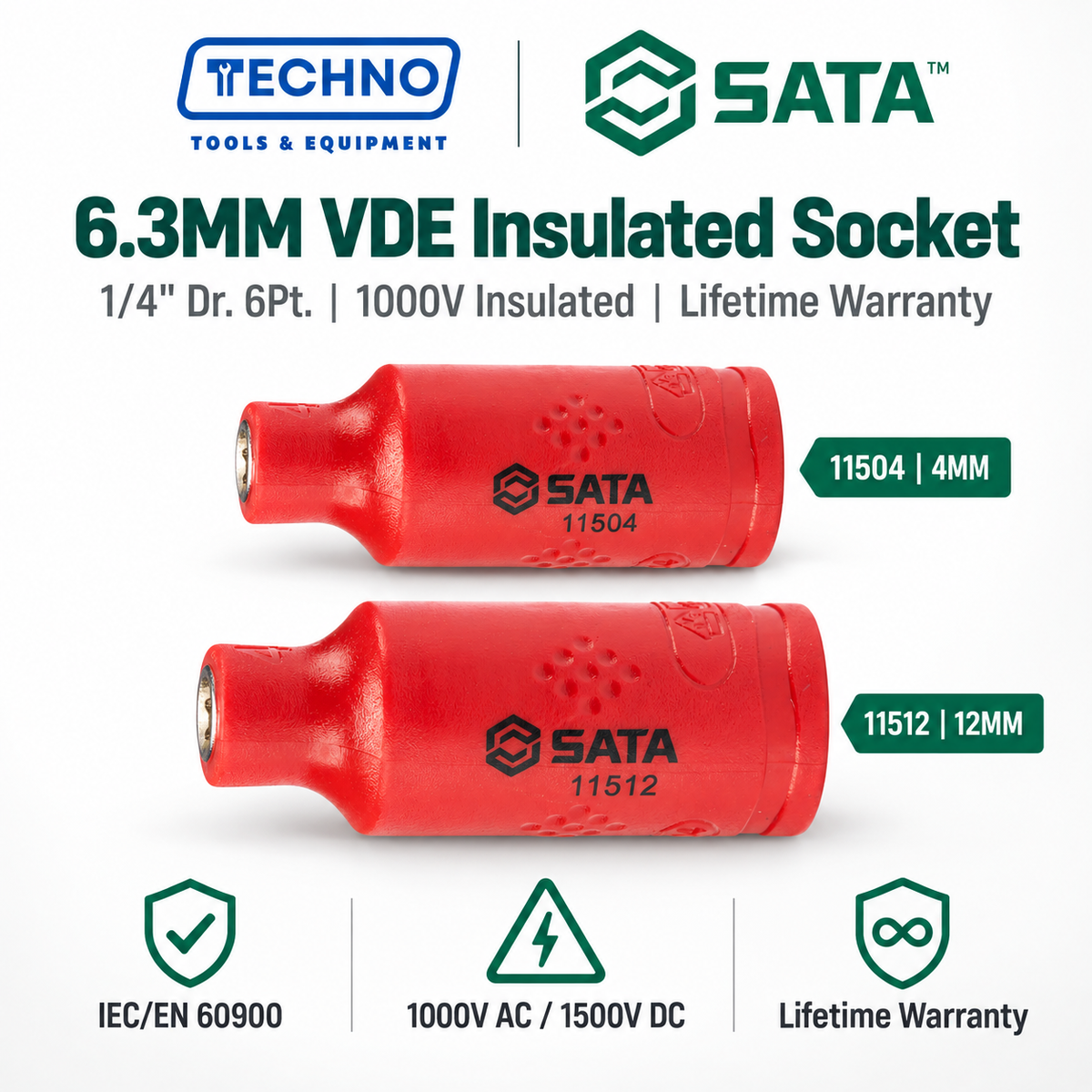 SATA 1/4" Dr. 6-point VDE insulated sockets, certified to 10,000V and IEC/EN 60900. Cr-V steel, chrome-plated. Sizes 4mm and 12mm available.