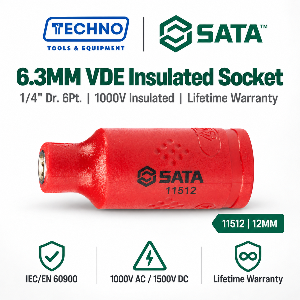 SATA 1/4" Dr. 6-point VDE insulated sockets, certified to 10,000V and IEC/EN 60900. Cr-V steel, chrome-plated. Sizes 4mm and 12mm available.