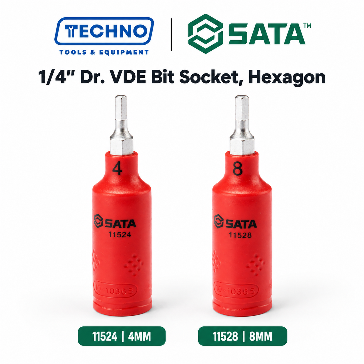 SATA 1/4" Dr. VDE insulated hexagon bit sockets, S2 steel bit, tested to 10,000V and IEC/EN 60900 certified. Sizes 4mm and 8mm available.