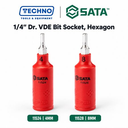SATA 1/4" Dr. VDE insulated hexagon bit sockets, S2 steel bit, tested to 10,000V and IEC/EN 60900 certified. Sizes 4mm and 8mm available.