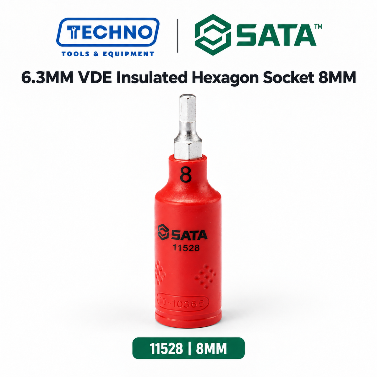 SATA 1/4" Dr. VDE insulated hexagon bit sockets, S2 steel bit, tested to 10,000V and IEC/EN 60900 certified. Sizes 4mm and 8mm available.