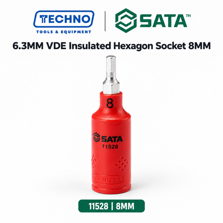 SATA 1/4" Dr. VDE insulated hexagon bit sockets, S2 steel bit, tested to 10,000V and IEC/EN 60900 certified. Sizes 4mm and 8mm available.