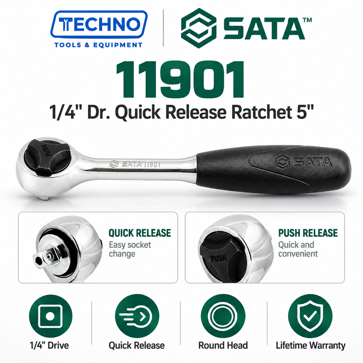 SATA 1/4" Dr. quick-release ratchet, 5" round head. One-hand socket release, comfortable grip handle, lifetime warranty. Shop online now.