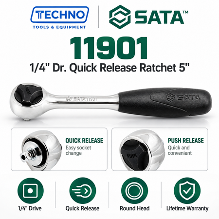 SATA 1/4" Dr. quick-release ratchet, 5" round head. One-hand socket release, comfortable grip handle, lifetime warranty. Shop online now.