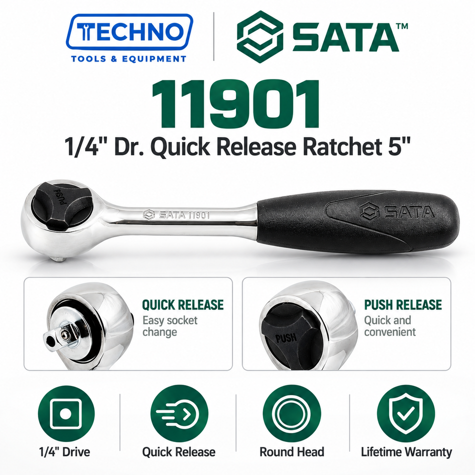 SATA 1/4" Dr. quick-release ratchet, 5" round head. One-hand socket release, comfortable grip handle, lifetime warranty. Shop online now.