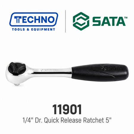 SATA 1/4" Dr. quick-release ratchet, 5" round head. One-hand socket release, comfortable grip handle, lifetime warranty. Shop online now.
