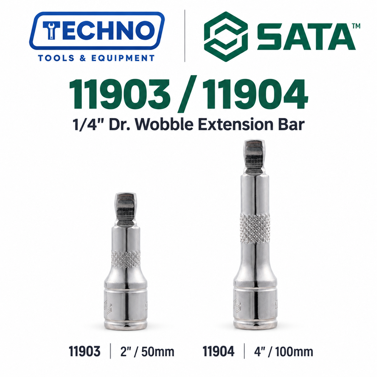 SATA 1/4" Dr. wobble extension bars, 2" and 4" lengths. Dual-function design: angled turning plus standard extension. Lifetime warranty.